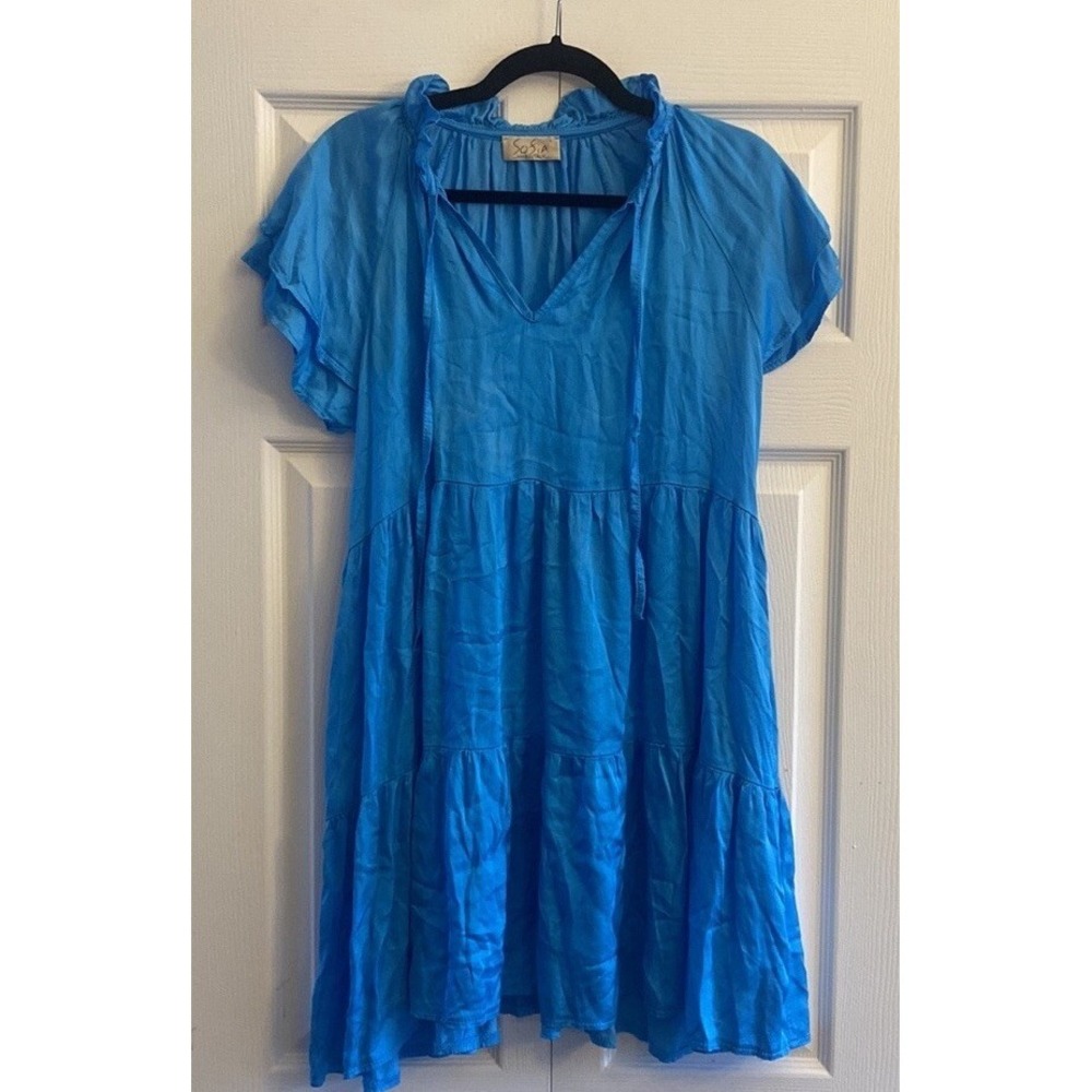 Sofia Made in Italy Tiered Ruffle Mini Dress Womens Size OS Blue‎ Boho Spring